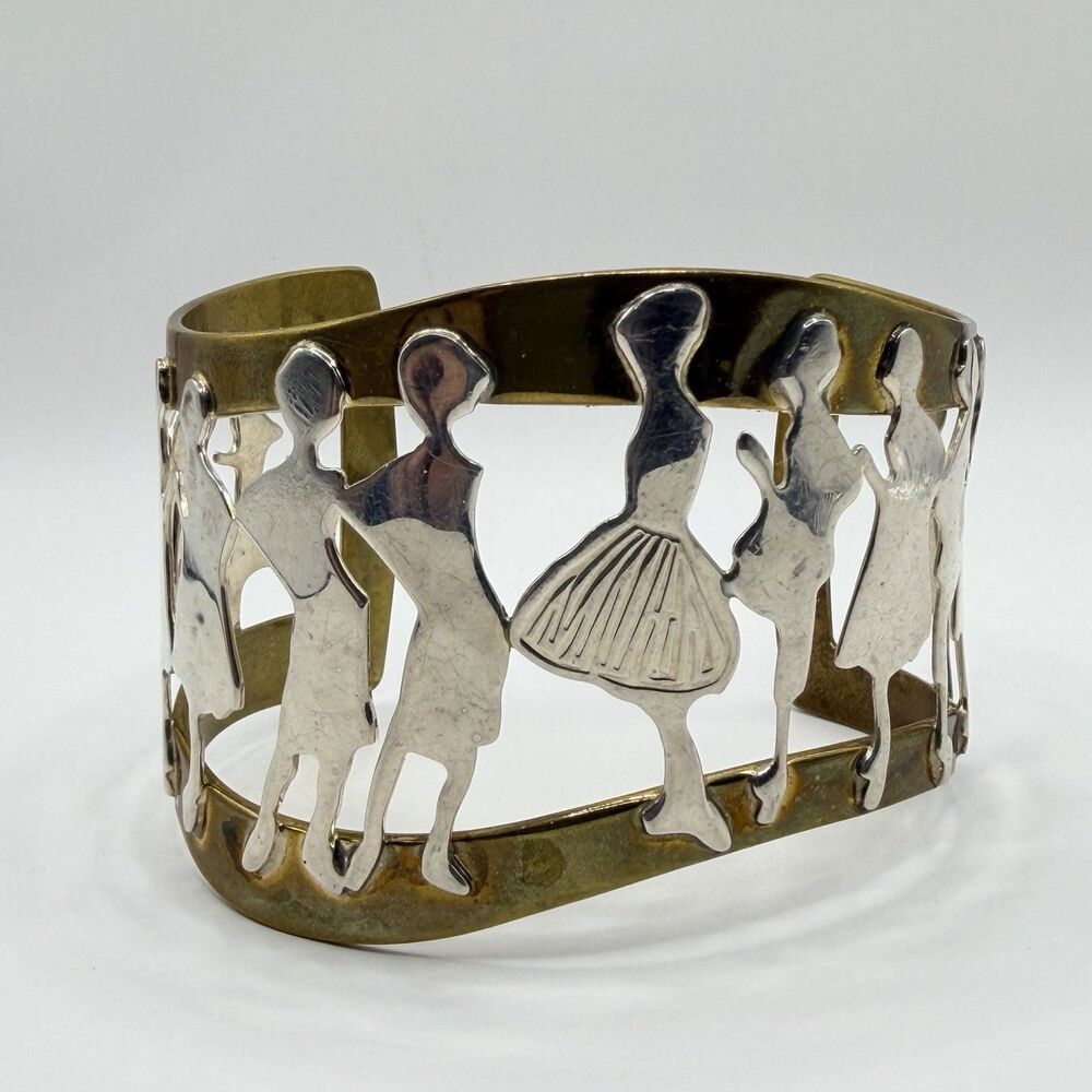 Sterling Silver Brass Dancing Women Silhouette Wide Cuff Bracelet 8" 51g
